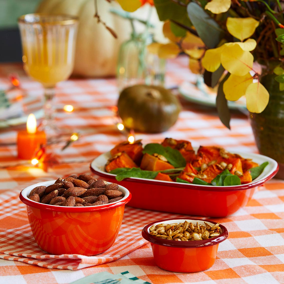 Orange & White Fabric Gingham Tablecloth | Halloween Decor |