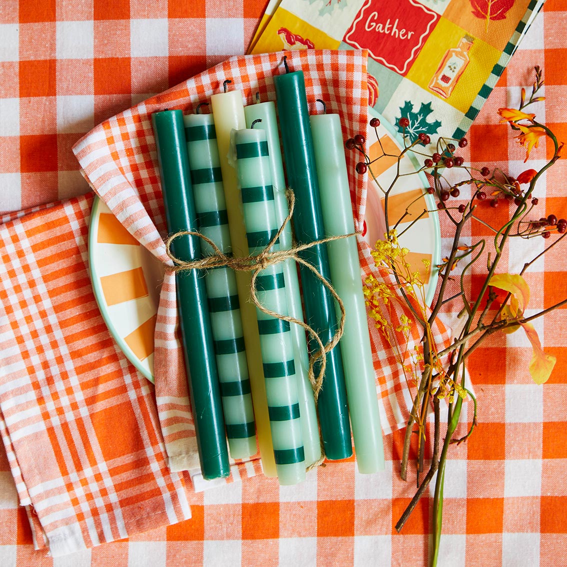 Orange & White Fabric Gingham Tablecloth | Halloween Decor |