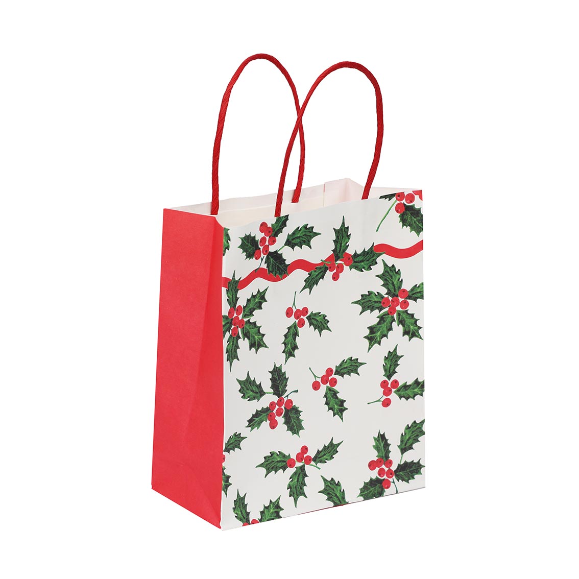Holly White Christmas Paper Gift Bag - 8 Pack