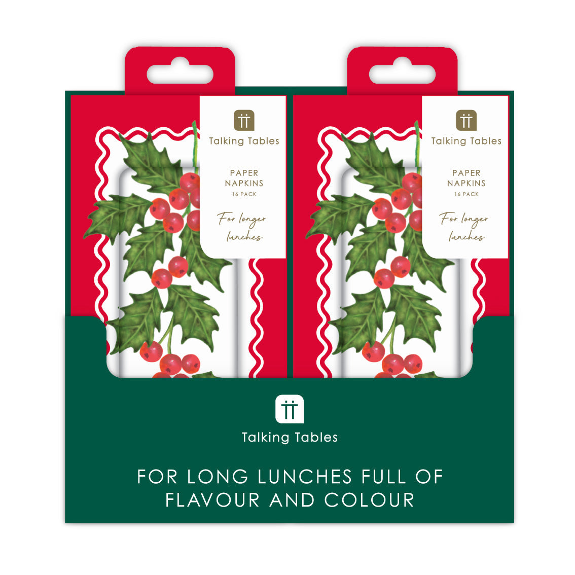 Holly Long Lunch Paper Napkins - 8 Pack Display | Christmas Decor |