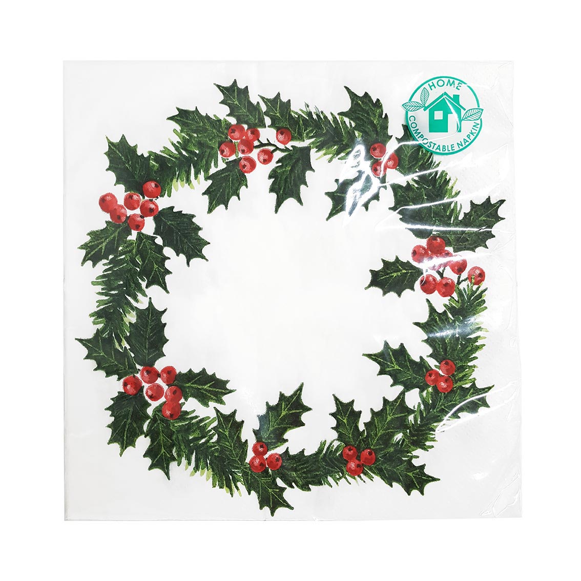 Holly Wreath Paper Napkins - 20 Pack | Christmas Napkins |