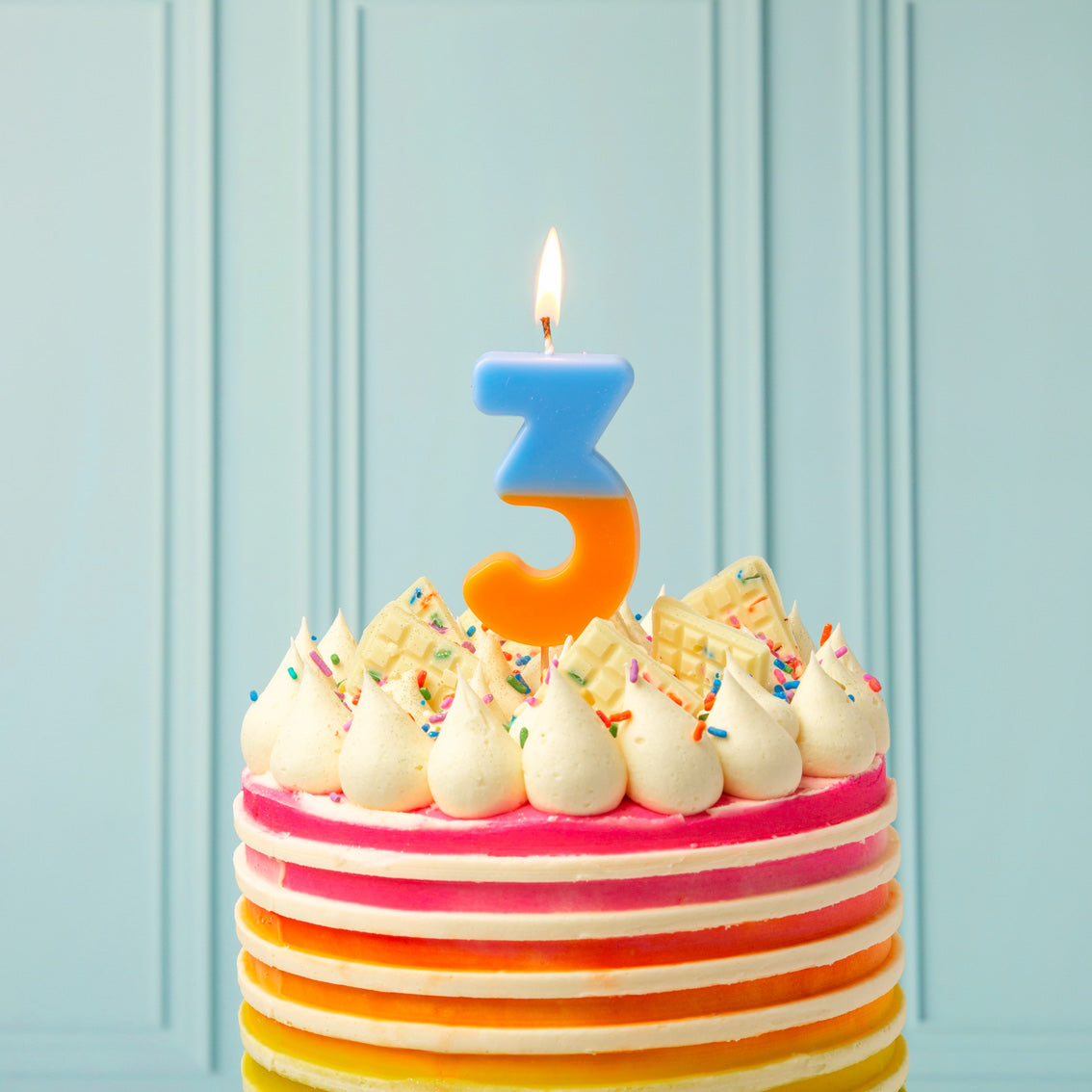 Orange & Light Blue Number Candle - 3