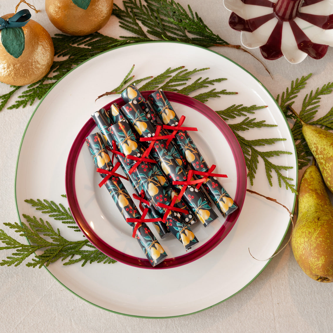 Partridge & Pear Christmas Saucer Crackers - 10 Pack Display | Christmas Decor |