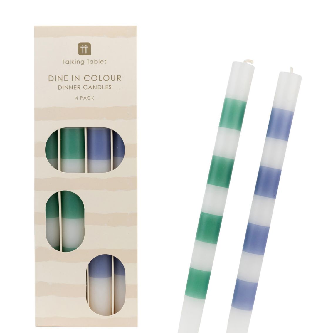 Green & Blue Stripe Dinner Candles - 4 Pack | Home Decor Gift |