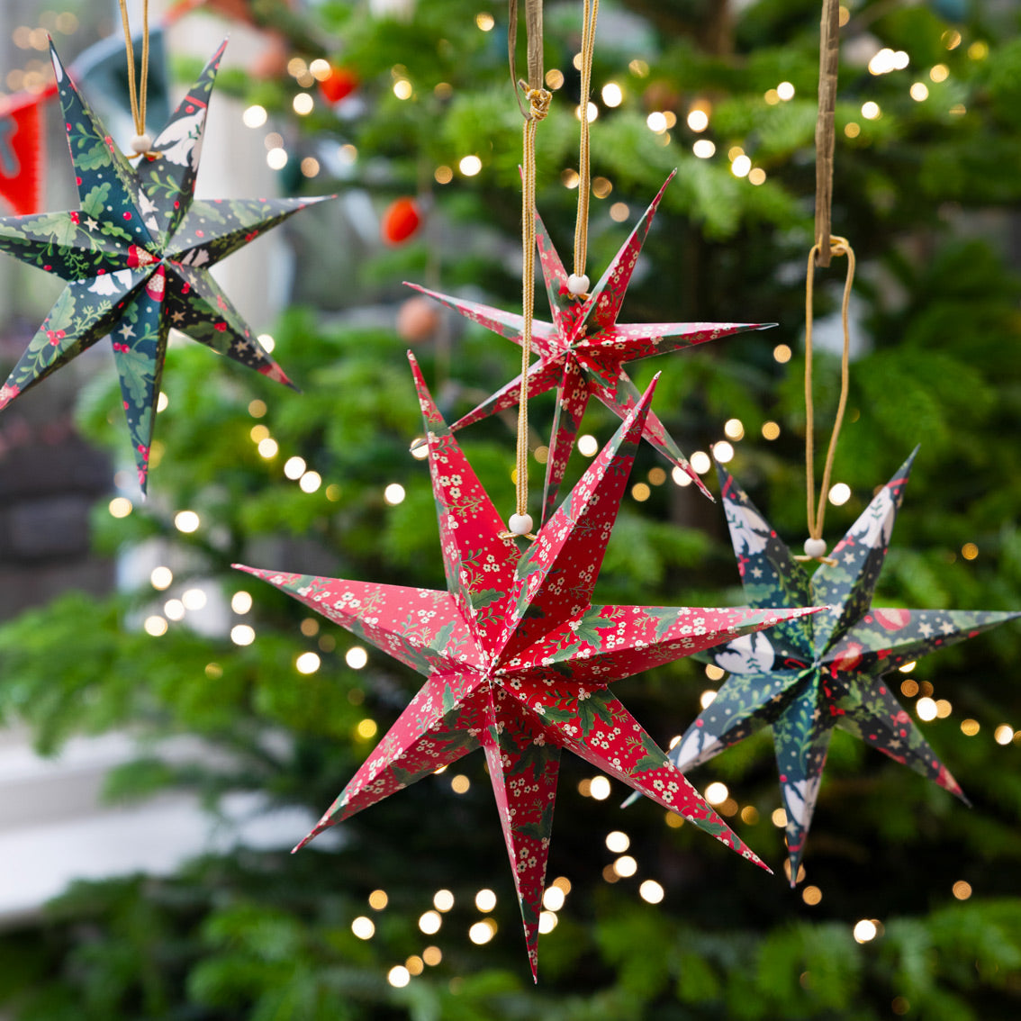 Folklore Paper Stars Christmas Tree Decorations - 3 Pack