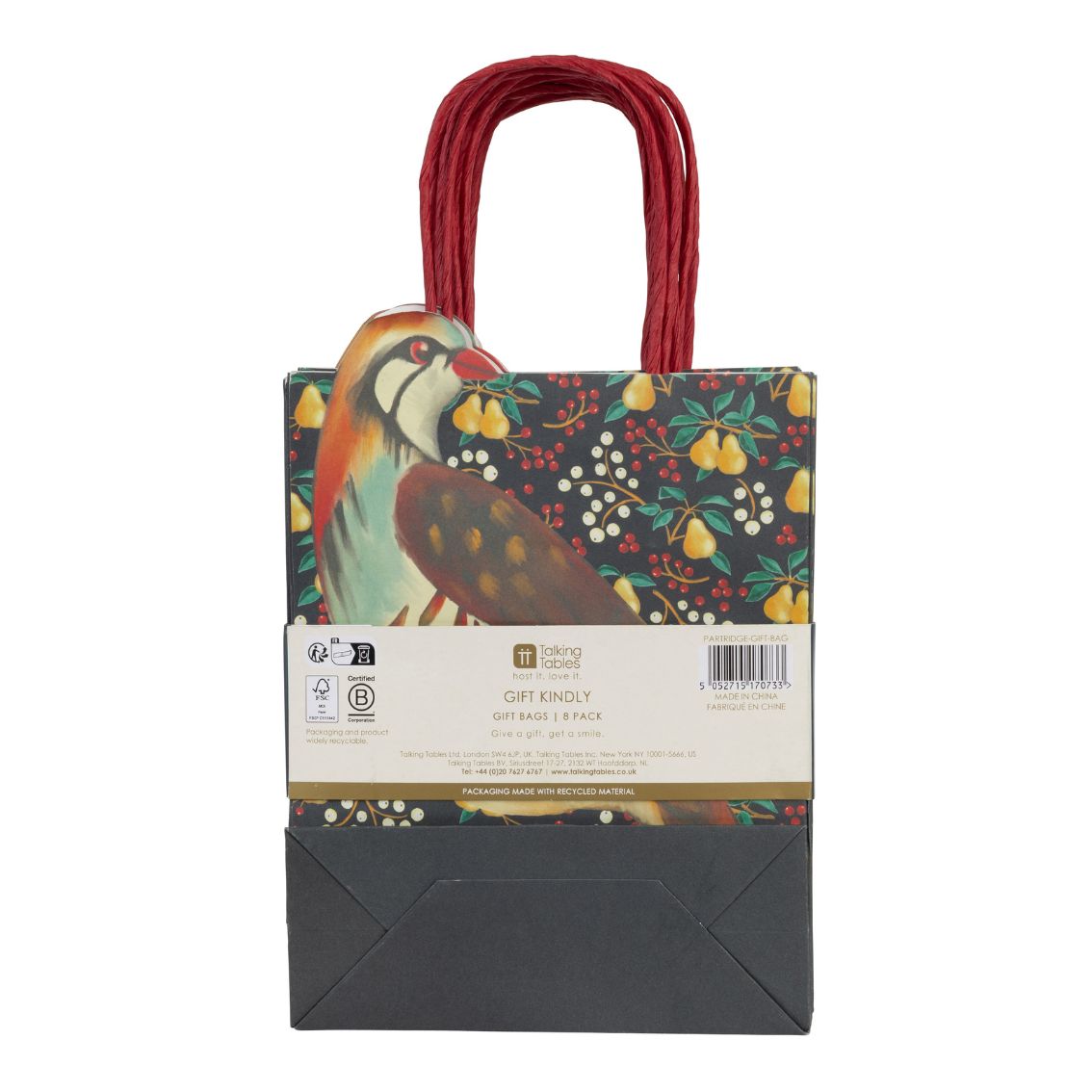 Partridge & Pear Christmas Paper Gift Bags - 8 Pack | Christmas Gifting |