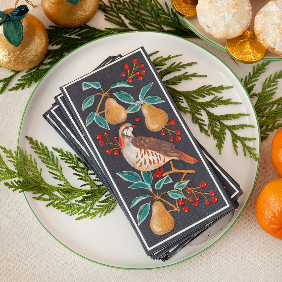 Partridge & Pear Long Lunch Paper Napkins - 8 Pack Display | Christmas Decor |