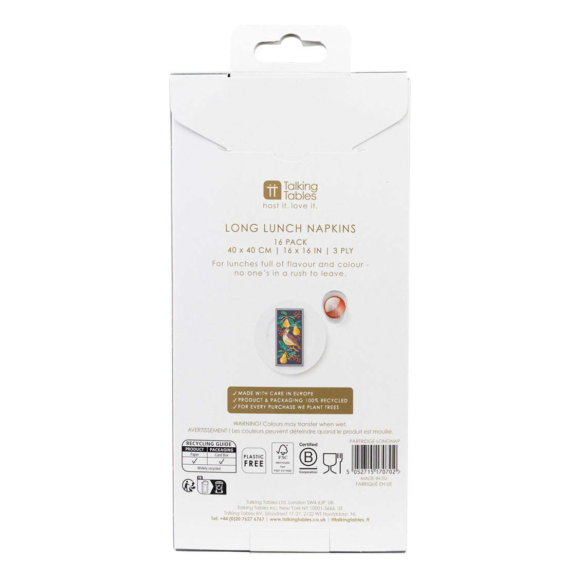 Partridge & Pear Long Lunch Paper Napkins - 8 Pack Display | Christmas Decor |
