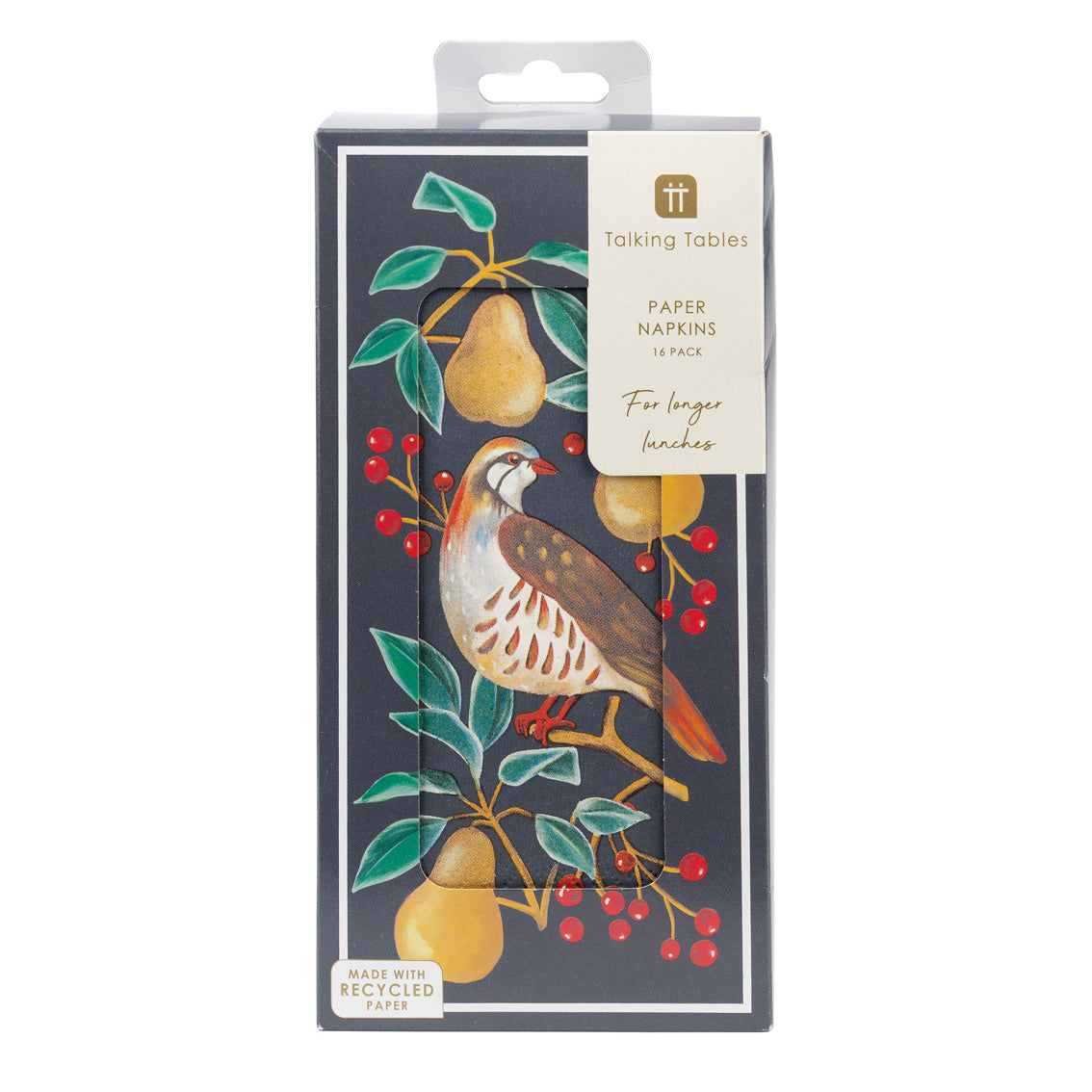 Partridge & Pear Long Lunch Paper Napkins - 8 Pack Display | Christmas Decor |
