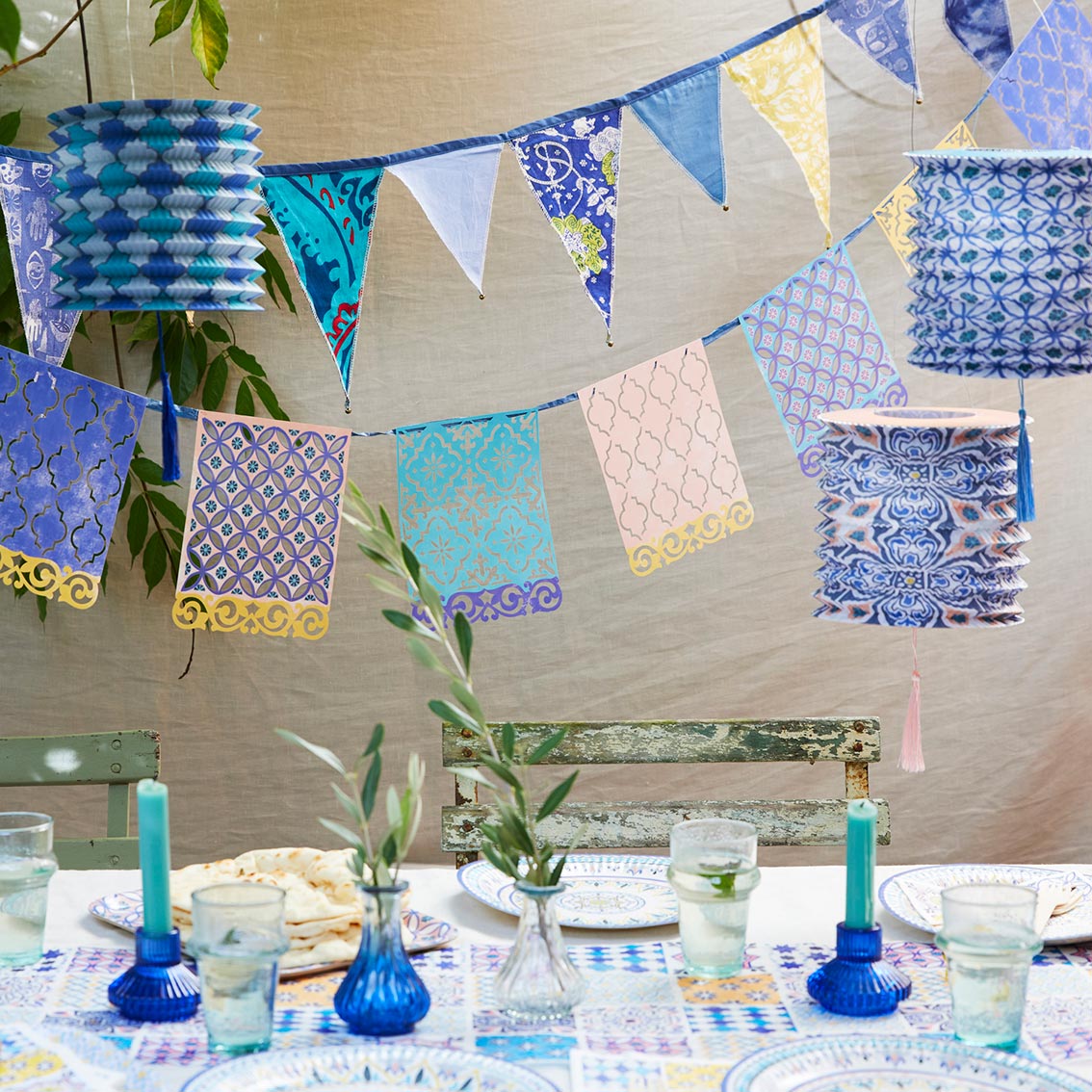 Moroccan Souk Blue Hanging Paper Lanterns - 3 Pack | Outdoor Home Decor |