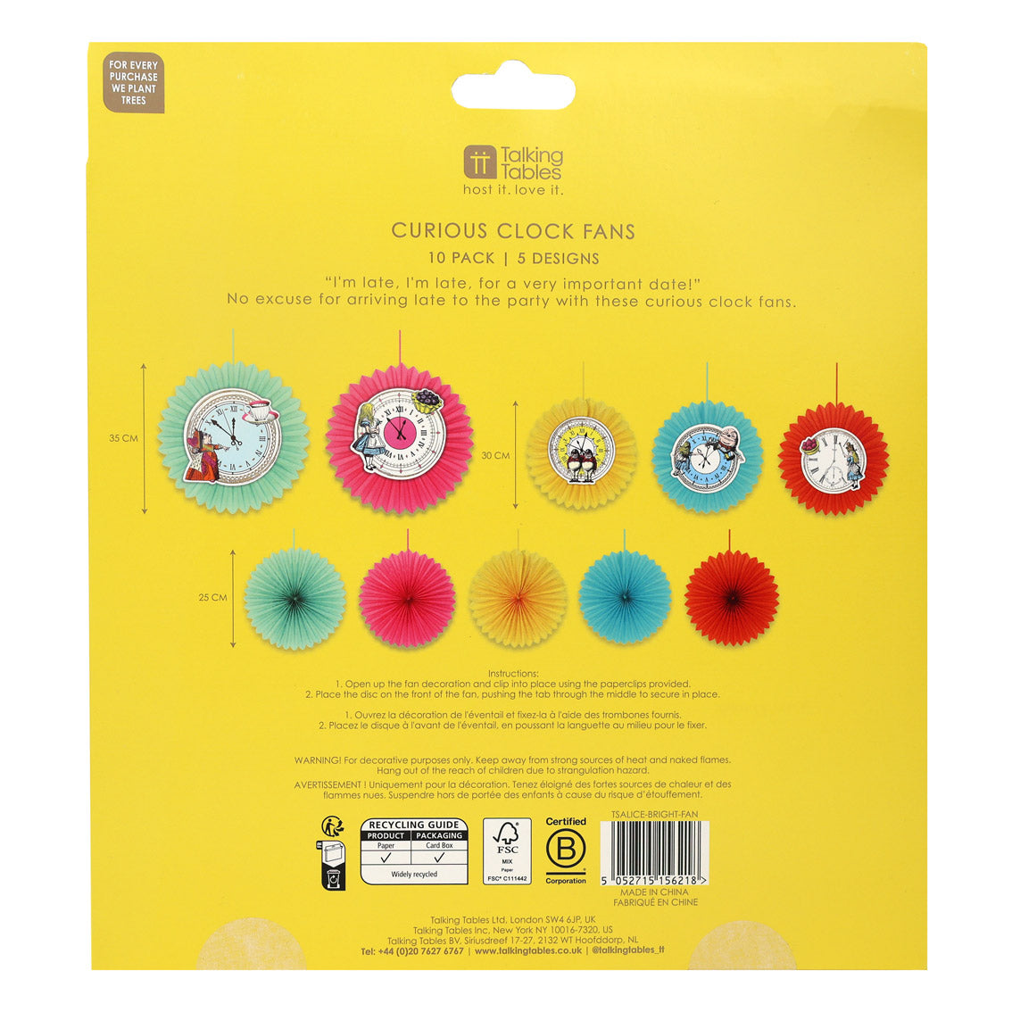 Alice Bright Clock Fans - 10 Pack | Tea Party Decor |
